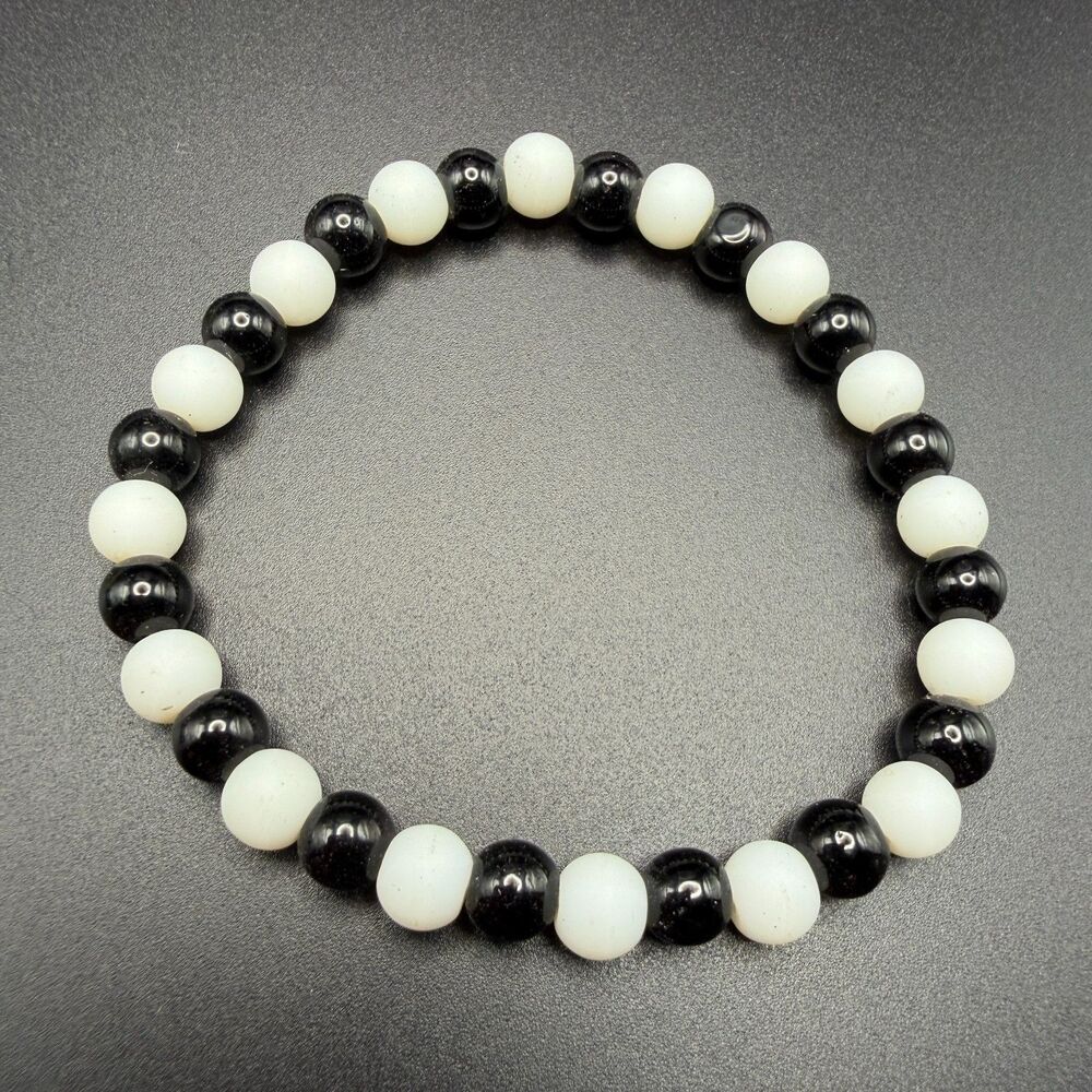 Natural Stone Beaded Stretch Bracelet Men Women Black White Agate
